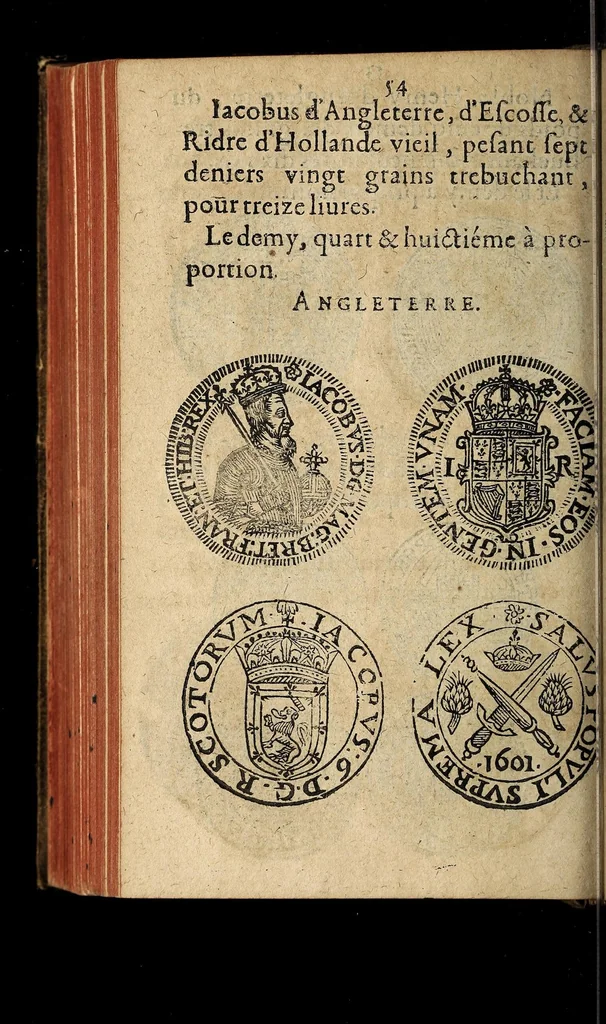 An illustration from Edict du roy portant nouvelle fabrication d'especes d'argent: augmentation du marc d'argent le roy, & des quarts d'escu, testons, & francs aux coins & armes de sa maiesté estans de leur juste poides: & continuation du cours des especes d'argent legers avec le remede des grains, jusques au dernier Mars prochain; & outre un droit de Seigneuriage sur les ouvrages d'Orfeurerie, & Tireurs d'or: Avec un nouvelle evaluation ..., 1641, leaf 54