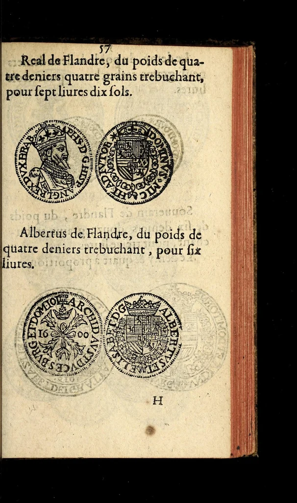 An illustration from Edict du roy portant nouvelle fabrication d'especes d'argent: augmentation du marc d'argent le roy, & des quarts d'escu, testons, & francs aux coins & armes de sa maiesté estans de leur juste poides: & continuation du cours des especes d'argent legers avec le remede des grains, jusques au dernier Mars prochain; & outre un droit de Seigneuriage sur les ouvrages d'Orfeurerie, & Tireurs d'or: Avec un nouvelle evaluation ..., 1641, leaf 57