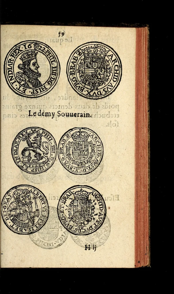 An illustration from Edict du roy portant nouvelle fabrication d'especes d'argent: augmentation du marc d'argent le roy, & des quarts d'escu, testons, & francs aux coins & armes de sa maiesté estans de leur juste poides: & continuation du cours des especes d'argent legers avec le remede des grains, jusques au dernier Mars prochain; & outre un droit de Seigneuriage sur les ouvrages d'Orfeurerie, & Tireurs d'or: Avec un nouvelle evaluation ..., 1641, leaf 59