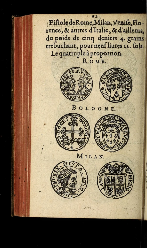 An illustration from Edict du roy portant nouvelle fabrication d'especes d'argent: augmentation du marc d'argent le roy, & des quarts d'escu, testons, & francs aux coins & armes de sa maiesté estans de leur juste poides: & continuation du cours des especes d'argent legers avec le remede des grains, jusques au dernier Mars prochain; & outre un droit de Seigneuriage sur les ouvrages d'Orfeurerie, & Tireurs d'or: Avec un nouvelle evaluation ..., 1641, leaf 62