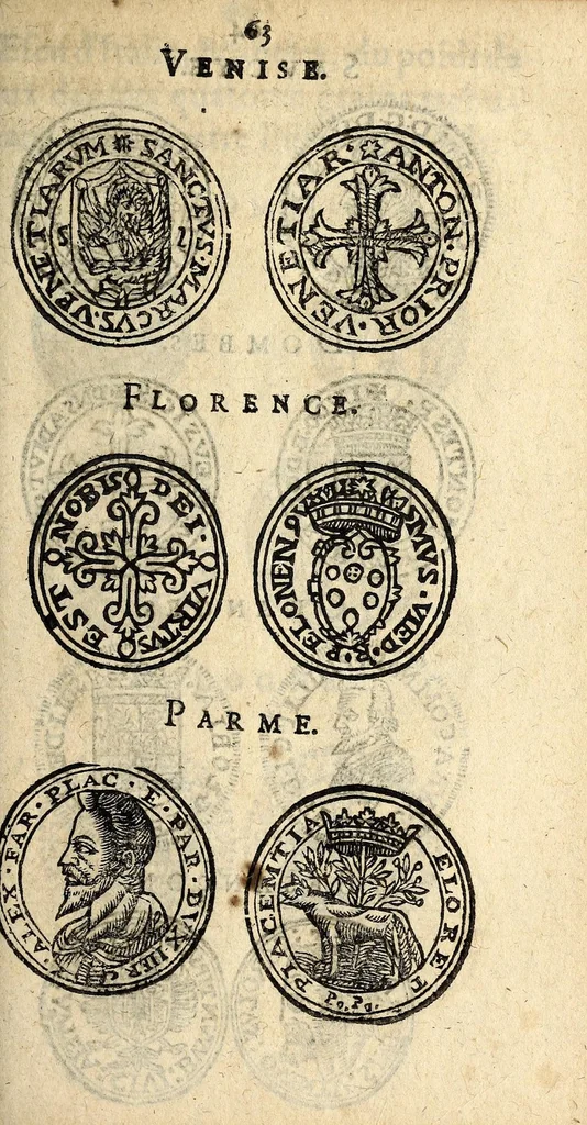 An illustration from Edict du roy portant nouvelle fabrication d'especes d'argent: augmentation du marc d'argent le roy, & des quarts d'escu, testons, & francs aux coins & armes de sa maiesté estans de leur juste poides: & continuation du cours des especes d'argent legers avec le remede des grains, jusques au dernier Mars prochain; & outre un droit de Seigneuriage sur les ouvrages d'Orfeurerie, & Tireurs d'or: Avec un nouvelle evaluation ..., 1641, leaf 63