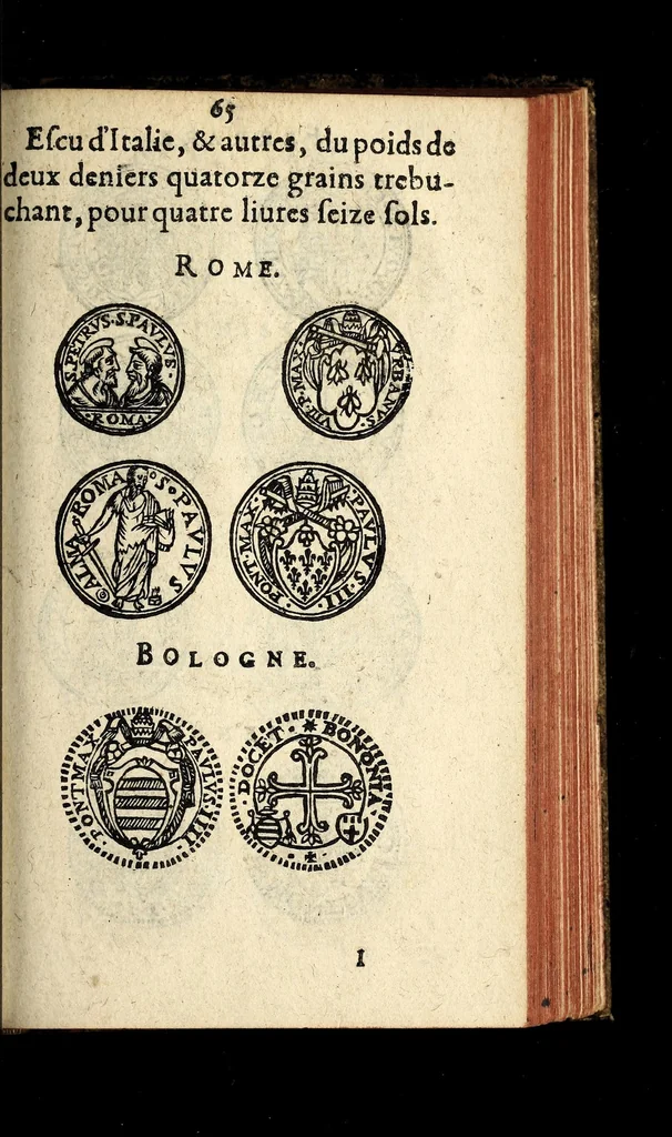 An illustration from Edict du roy portant nouvelle fabrication d'especes d'argent: augmentation du marc d'argent le roy, & des quarts d'escu, testons, & francs aux coins & armes de sa maiesté estans de leur juste poides: & continuation du cours des especes d'argent legers avec le remede des grains, jusques au dernier Mars prochain; & outre un droit de Seigneuriage sur les ouvrages d'Orfeurerie, & Tireurs d'or: Avec un nouvelle evaluation ..., 1641, leaf 65
