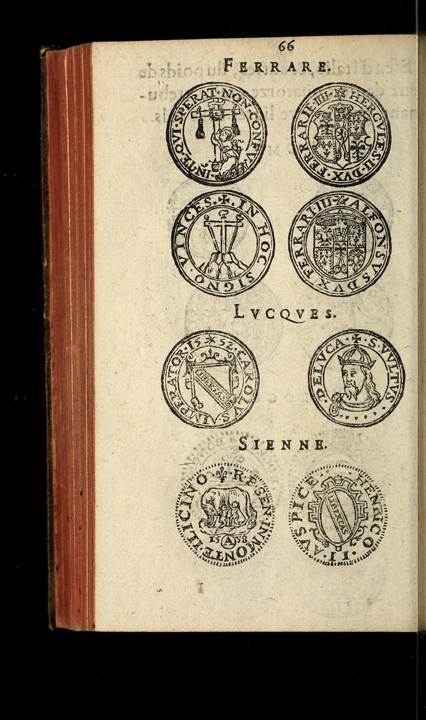 An illustration from Edict du roy portant nouvelle fabrication d'especes d'argent: augmentation du marc d'argent le roy, & des quarts d'escu, testons, & francs aux coins & armes de sa maiesté estans de leur juste poides: & continuation du cours des especes d'argent legers avec le remede des grains, jusques au dernier Mars prochain; & outre un droit de Seigneuriage sur les ouvrages d'Orfeurerie, & Tireurs d'or: Avec un nouvelle evaluation ..., 1641, leaf 66