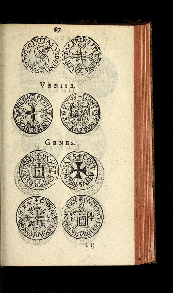An illustration from Edict du roy portant nouvelle fabrication d'especes d'argent: augmentation du marc d'argent le roy, & des quarts d'escu, testons, & francs aux coins & armes de sa maiesté estans de leur juste poides: & continuation du cours des especes d'argent legers avec le remede des grains, jusques au dernier Mars prochain; & outre un droit de Seigneuriage sur les ouvrages d'Orfeurerie, & Tireurs d'or: Avec un nouvelle evaluation ..., 1641, leaf 67