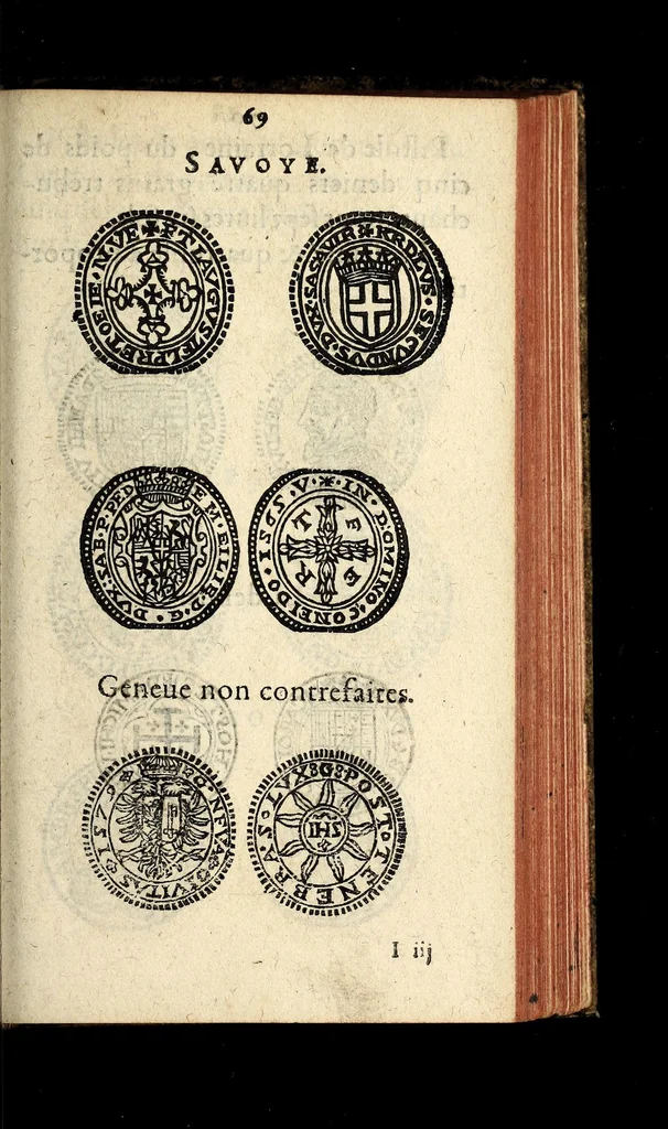 An illustration from Edict du roy portant nouvelle fabrication d'especes d'argent: augmentation du marc d'argent le roy, & des quarts d'escu, testons, & francs aux coins & armes de sa maiesté estans de leur juste poides: & continuation du cours des especes d'argent legers avec le remede des grains, jusques au dernier Mars prochain; & outre un droit de Seigneuriage sur les ouvrages d'Orfeurerie, & Tireurs d'or: Avec un nouvelle evaluation ..., 1641, leaf 69