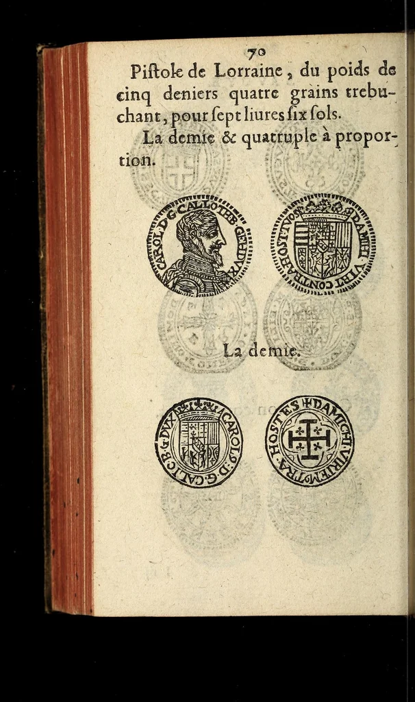 An illustration from Edict du roy portant nouvelle fabrication d'especes d'argent: augmentation du marc d'argent le roy, & des quarts d'escu, testons, & francs aux coins & armes de sa maiesté estans de leur juste poides: & continuation du cours des especes d'argent legers avec le remede des grains, jusques au dernier Mars prochain; & outre un droit de Seigneuriage sur les ouvrages d'Orfeurerie, & Tireurs d'or: Avec un nouvelle evaluation ..., 1641, leaf 70