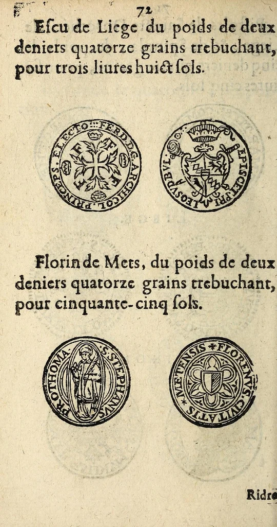 An illustration from Edict du roy portant nouvelle fabrication d'especes d'argent: augmentation du marc d'argent le roy, & des quarts d'escu, testons, & francs aux coins & armes de sa maiesté estans de leur juste poides: & continuation du cours des especes d'argent legers avec le remede des grains, jusques au dernier Mars prochain; & outre un droit de Seigneuriage sur les ouvrages d'Orfeurerie, & Tireurs d'or: Avec un nouvelle evaluation ..., 1641, leaf 72