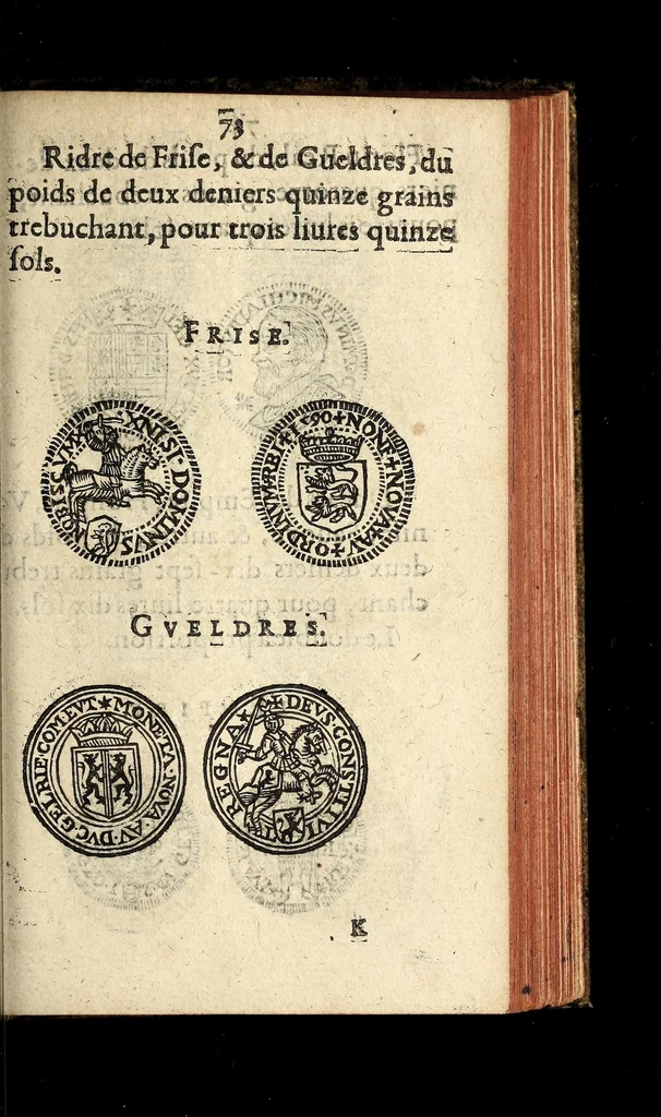 An illustration from Edict du roy portant nouvelle fabrication d'especes d'argent: augmentation du marc d'argent le roy, & des quarts d'escu, testons, & francs aux coins & armes de sa maiesté estans de leur juste poides: & continuation du cours des especes d'argent legers avec le remede des grains, jusques au dernier Mars prochain; & outre un droit de Seigneuriage sur les ouvrages d'Orfeurerie, & Tireurs d'or: Avec un nouvelle evaluation ..., 1641, leaf 73