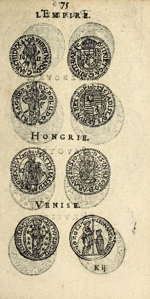 An illustration from Edict du roy portant nouvelle fabrication d'especes d'argent: augmentation du marc d'argent le roy, & des quarts d'escu, testons, & francs aux coins & armes de sa maiesté estans de leur juste poides: & continuation du cours des especes d'argent legers avec le remede des grains, jusques au dernier Mars prochain; & outre un droit de Seigneuriage sur les ouvrages d'Orfeurerie, & Tireurs d'or: Avec un nouvelle evaluation ..., 1641, leaf 75