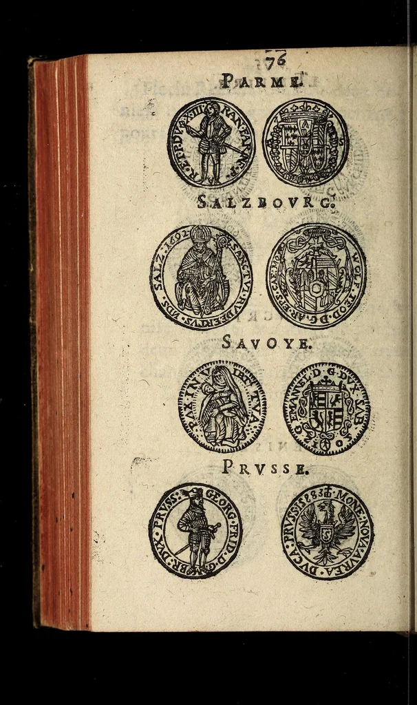 An illustration from Edict du roy portant nouvelle fabrication d'especes d'argent: augmentation du marc d'argent le roy, & des quarts d'escu, testons, & francs aux coins & armes de sa maiesté estans de leur juste poides: & continuation du cours des especes d'argent legers avec le remede des grains, jusques au dernier Mars prochain; & outre un droit de Seigneuriage sur les ouvrages d'Orfeurerie, & Tireurs d'or: Avec un nouvelle evaluation ..., 1641, leaf 76