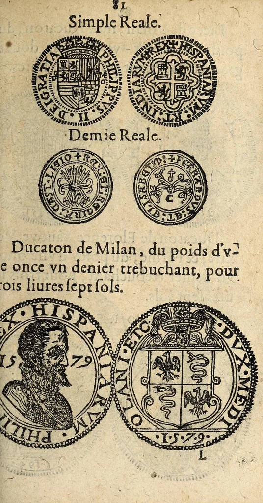An illustration from Edict du roy portant nouvelle fabrication d'especes d'argent: augmentation du marc d'argent le roy, & des quarts d'escu, testons, & francs aux coins & armes de sa maiesté estans de leur juste poides: & continuation du cours des especes d'argent legers avec le remede des grains, jusques au dernier Mars prochain; & outre un droit de Seigneuriage sur les ouvrages d'Orfeurerie, & Tireurs d'or: Avec un nouvelle evaluation ..., 1641, leaf 81