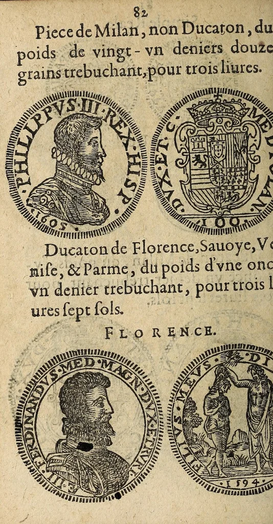 An illustration from Edict du roy portant nouvelle fabrication d'especes d'argent: augmentation du marc d'argent le roy, & des quarts d'escu, testons, & francs aux coins & armes de sa maiesté estans de leur juste poides: & continuation du cours des especes d'argent legers avec le remede des grains, jusques au dernier Mars prochain; & outre un droit de Seigneuriage sur les ouvrages d'Orfeurerie, & Tireurs d'or: Avec un nouvelle evaluation ..., 1641, leaf 82