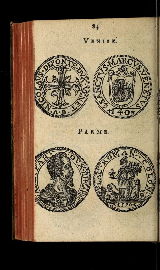 An illustration from Edict du roy portant nouvelle fabrication d'especes d'argent: augmentation du marc d'argent le roy, & des quarts d'escu, testons, & francs aux coins & armes de sa maiesté estans de leur juste poides: & continuation du cours des especes d'argent legers avec le remede des grains, jusques au dernier Mars prochain; & outre un droit de Seigneuriage sur les ouvrages d'Orfeurerie, & Tireurs d'or: Avec un nouvelle evaluation ..., 1641, leaf 84