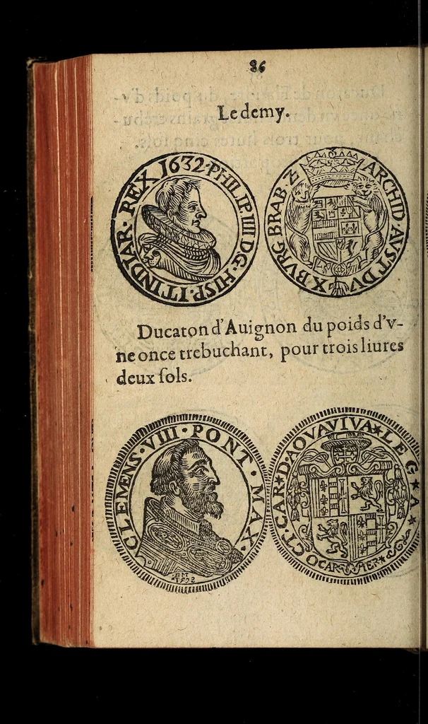 An illustration from Edict du roy portant nouvelle fabrication d'especes d'argent: augmentation du marc d'argent le roy, & des quarts d'escu, testons, & francs aux coins & armes de sa maiesté estans de leur juste poides: & continuation du cours des especes d'argent legers avec le remede des grains, jusques au dernier Mars prochain; & outre un droit de Seigneuriage sur les ouvrages d'Orfeurerie, & Tireurs d'or: Avec un nouvelle evaluation ..., 1641, leaf 86