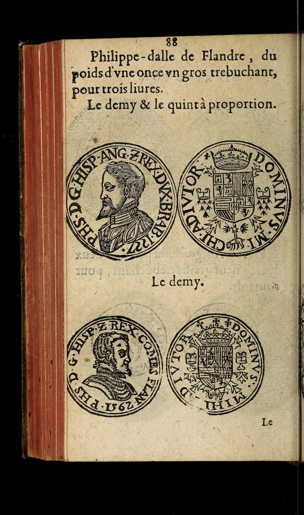 An illustration from Edict du roy portant nouvelle fabrication d'especes d'argent: augmentation du marc d'argent le roy, & des quarts d'escu, testons, & francs aux coins & armes de sa maiesté estans de leur juste poides: & continuation du cours des especes d'argent legers avec le remede des grains, jusques au dernier Mars prochain; & outre un droit de Seigneuriage sur les ouvrages d'Orfeurerie, & Tireurs d'or: Avec un nouvelle evaluation ..., 1641, leaf 88