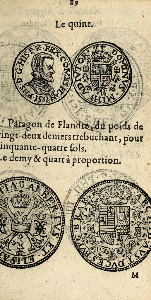 An illustration from Edict du roy portant nouvelle fabrication d'especes d'argent: augmentation du marc d'argent le roy, & des quarts d'escu, testons, & francs aux coins & armes de sa maiesté estans de leur juste poides: & continuation du cours des especes d'argent legers avec le remede des grains, jusques au dernier Mars prochain; & outre un droit de Seigneuriage sur les ouvrages d'Orfeurerie, & Tireurs d'or: Avec un nouvelle evaluation ..., 1641, leaf 89
