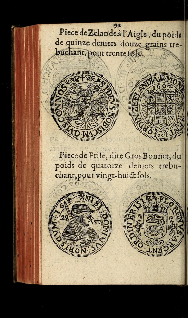 An illustration from Edict du roy portant nouvelle fabrication d'especes d'argent: augmentation du marc d'argent le roy, & des quarts d'escu, testons, & francs aux coins & armes de sa maiesté estans de leur juste poides: & continuation du cours des especes d'argent legers avec le remede des grains, jusques au dernier Mars prochain; & outre un droit de Seigneuriage sur les ouvrages d'Orfeurerie, & Tireurs d'or: Avec un nouvelle evaluation ..., 1641, leaf 92