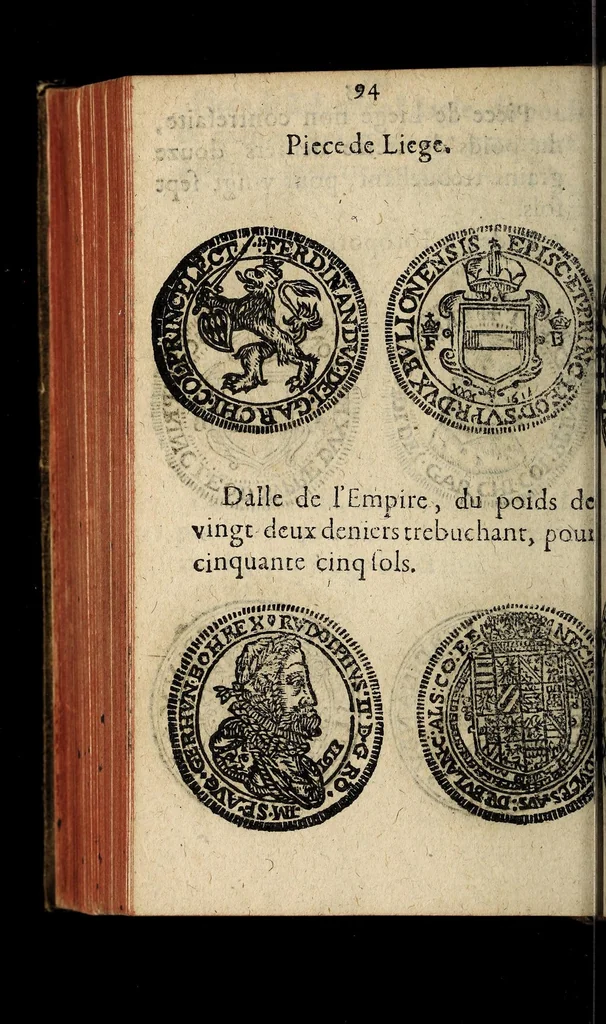 An illustration from Edict du roy portant nouvelle fabrication d'especes d'argent: augmentation du marc d'argent le roy, & des quarts d'escu, testons, & francs aux coins & armes de sa maiesté estans de leur juste poides: & continuation du cours des especes d'argent legers avec le remede des grains, jusques au dernier Mars prochain; & outre un droit de Seigneuriage sur les ouvrages d'Orfeurerie, & Tireurs d'or: Avec un nouvelle evaluation ..., 1641, leaf 94