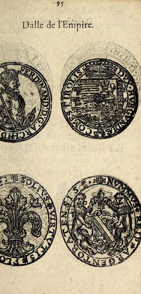 An illustration from Edict du roy portant nouvelle fabrication d'especes d'argent: augmentation du marc d'argent le roy, & des quarts d'escu, testons, & francs aux coins & armes de sa maiesté estans de leur juste poides: & continuation du cours des especes d'argent legers avec le remede des grains, jusques au dernier Mars prochain; & outre un droit de Seigneuriage sur les ouvrages d'Orfeurerie, & Tireurs d'or: Avec un nouvelle evaluation ..., 1641, leaf 95