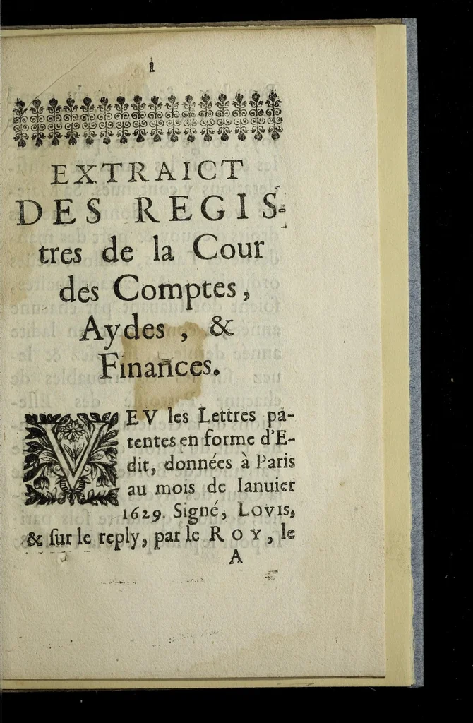 An illustration from Edict dv roy, portant imposition des droicts attribuez pour le port des mandemens des tailles, taillon, & autres leuées, és elections de la generalité de Guyenne, tant du ressort de la Cour de Parlement de Bordeaux que Cour des aydes de Montpellier., 1630, leaf 17