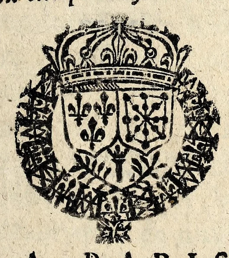 An illustration from Edict dv Roy portant novvelle fabrication d'especes d'argent: augmentation du marc d'argent le Roy, & des quarts d'eseu, testons, & francs aux coins & armes de sa Maiesté estans de leur iuste poids ... auec vne nouuelle eualuation ..., 1646, leaf 1