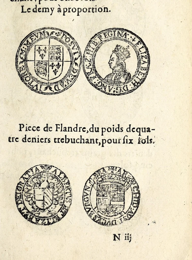 An illustration from Edict dv Roy portant novvelle fabrication d'especes d'argent: augmentation du marc d'argent le Roy, & des quarts d'eseu, testons, & francs aux coins & armes de sa Maiesté estans de leur iuste poids ... auec vne nouuelle eualuation ..., 1646, leaf 101