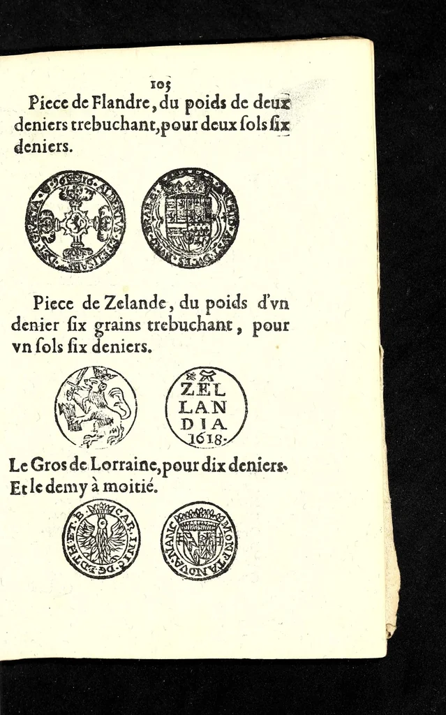 An illustration from Edict dv Roy portant novvelle fabrication d'especes d'argent: augmentation du marc d'argent le Roy, & des quarts d'eseu, testons, & francs aux coins & armes de sa Maiesté estans de leur iuste poids ... auec vne nouuelle eualuation ..., 1646, leaf 103