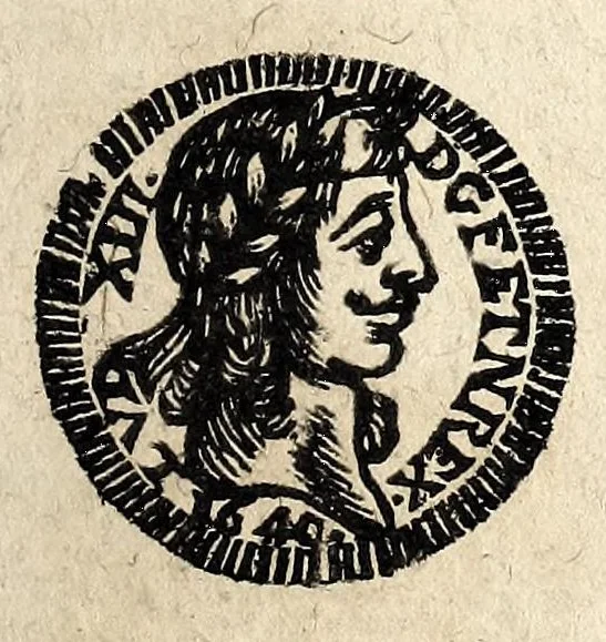 An illustration from Edict dv Roy portant novvelle fabrication d'especes d'argent: augmentation du marc d'argent le Roy, & des quarts d'eseu, testons, & francs aux coins & armes de sa Maiesté estans de leur iuste poids ... auec vne nouuelle eualuation ..., 1646, leaf 27
