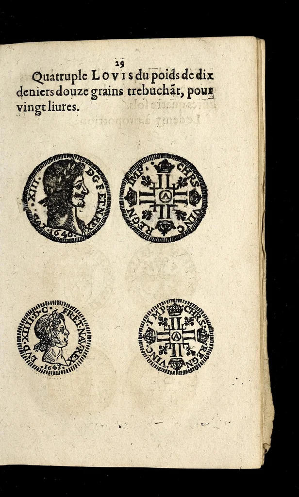 An illustration from Edict dv Roy portant novvelle fabrication d'especes d'argent: augmentation du marc d'argent le Roy, & des quarts d'eseu, testons, & francs aux coins & armes de sa Maiesté estans de leur iuste poids ... auec vne nouuelle eualuation ..., 1646, leaf 29