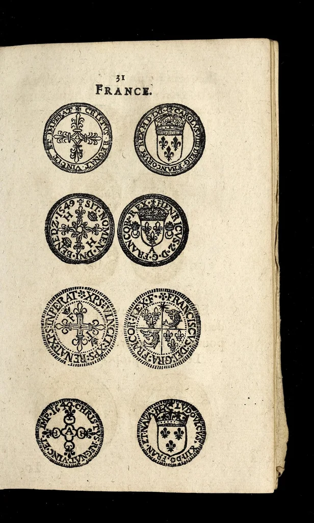 An illustration from Edict dv Roy portant novvelle fabrication d'especes d'argent: augmentation du marc d'argent le Roy, & des quarts d'eseu, testons, & francs aux coins & armes de sa Maiesté estans de leur iuste poids ... auec vne nouuelle eualuation ..., 1646, leaf 31
