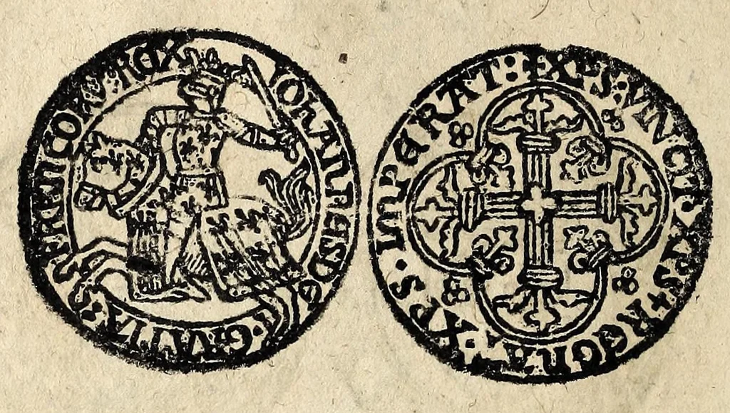 An illustration from Edict dv Roy portant novvelle fabrication d'especes d'argent: augmentation du marc d'argent le Roy, & des quarts d'eseu, testons, & francs aux coins & armes de sa Maiesté estans de leur iuste poids ... auec vne nouuelle eualuation ..., 1646, leaf 34