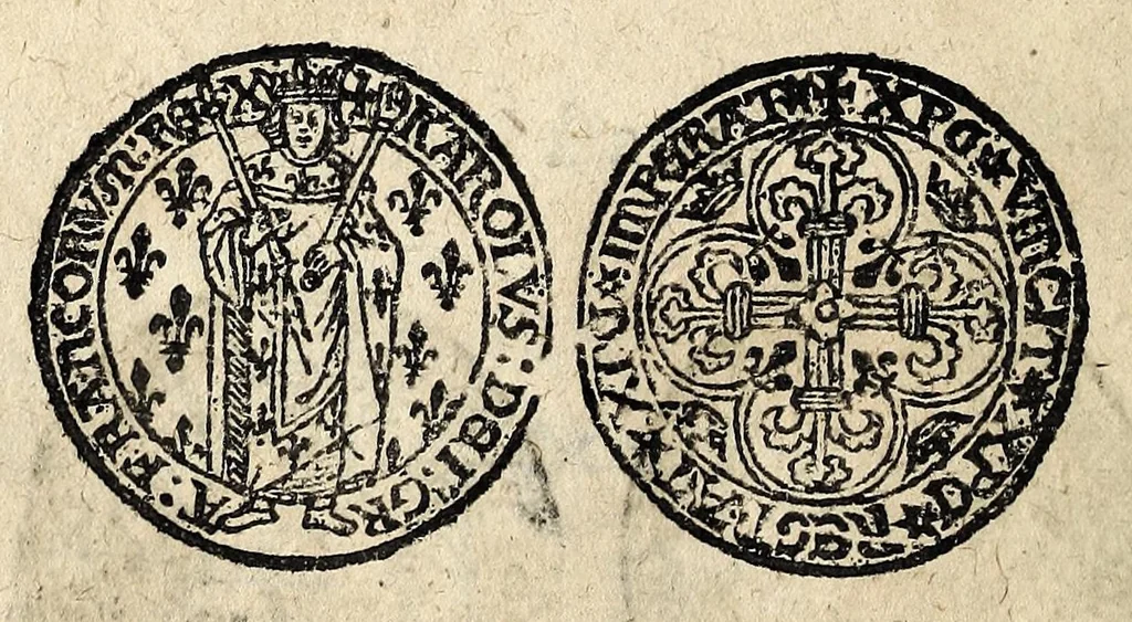 An illustration from Edict dv Roy portant novvelle fabrication d'especes d'argent: augmentation du marc d'argent le Roy, & des quarts d'eseu, testons, & francs aux coins & armes de sa Maiesté estans de leur iuste poids ... auec vne nouuelle eualuation ..., 1646, leaf 34
