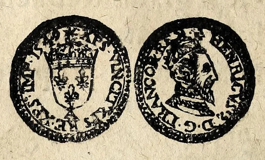 An illustration from Edict dv Roy portant novvelle fabrication d'especes d'argent: augmentation du marc d'argent le Roy, & des quarts d'eseu, testons, & francs aux coins & armes de sa Maiesté estans de leur iuste poids ... auec vne nouuelle eualuation ..., 1646, leaf 36