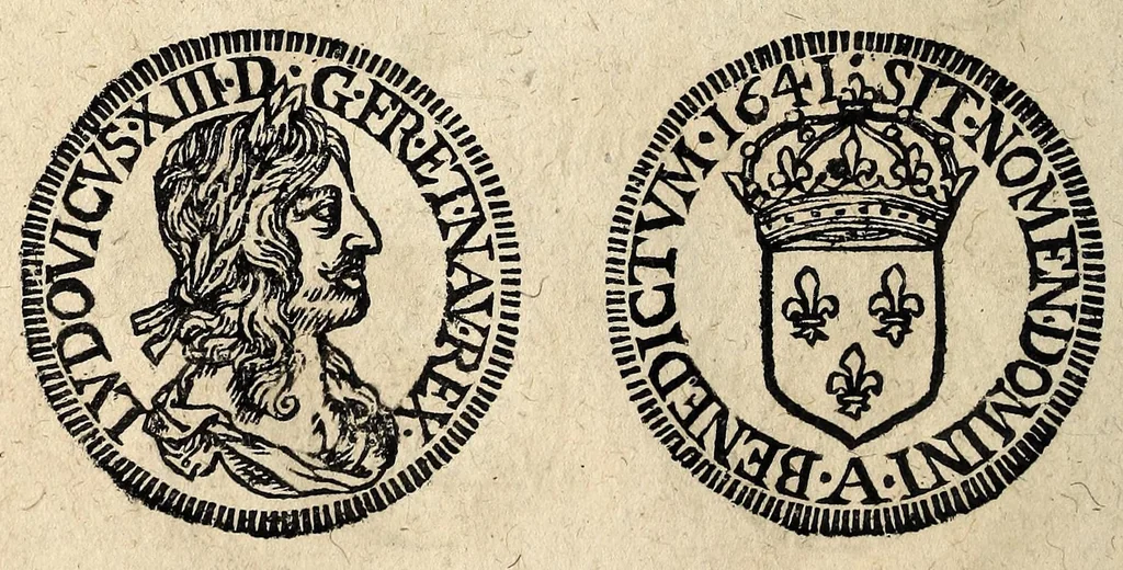 An illustration from Edict dv Roy portant novvelle fabrication d'especes d'argent: augmentation du marc d'argent le Roy, & des quarts d'eseu, testons, & francs aux coins & armes de sa Maiesté estans de leur iuste poids ... auec vne nouuelle eualuation ..., 1646, leaf 36