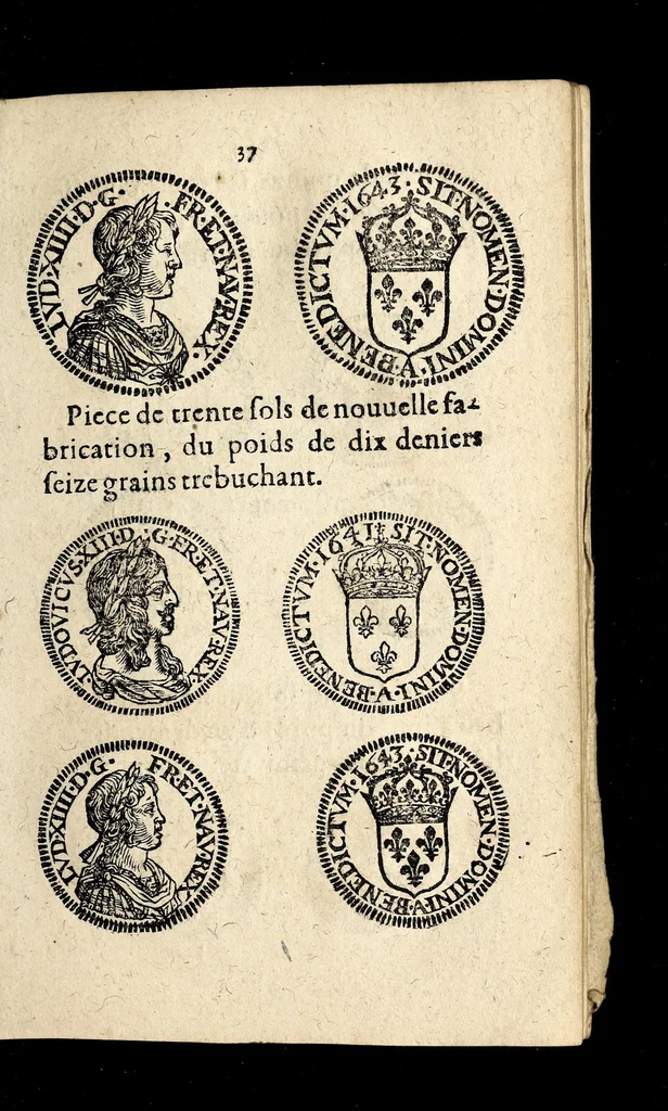 An illustration from Edict dv Roy portant novvelle fabrication d'especes d'argent: augmentation du marc d'argent le Roy, & des quarts d'eseu, testons, & francs aux coins & armes de sa Maiesté estans de leur iuste poids ... auec vne nouuelle eualuation ..., 1646, leaf 37
