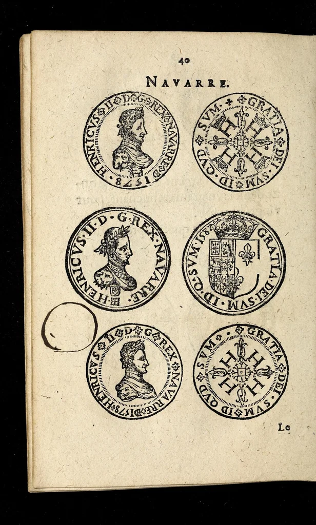 An illustration from Edict dv Roy portant novvelle fabrication d'especes d'argent: augmentation du marc d'argent le Roy, & des quarts d'eseu, testons, & francs aux coins & armes de sa Maiesté estans de leur iuste poids ... auec vne nouuelle eualuation ..., 1646, leaf 40