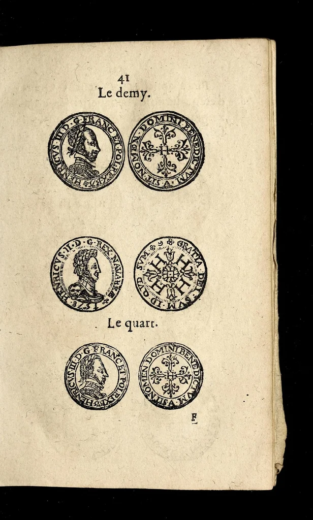 An illustration from Edict dv Roy portant novvelle fabrication d'especes d'argent: augmentation du marc d'argent le Roy, & des quarts d'eseu, testons, & francs aux coins & armes de sa Maiesté estans de leur iuste poids ... auec vne nouuelle eualuation ..., 1646, leaf 41