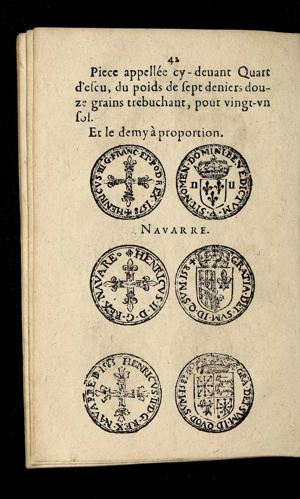 An illustration from Edict dv Roy portant novvelle fabrication d'especes d'argent: augmentation du marc d'argent le Roy, & des quarts d'eseu, testons, & francs aux coins & armes de sa Maiesté estans de leur iuste poids ... auec vne nouuelle eualuation ..., 1646, leaf 42