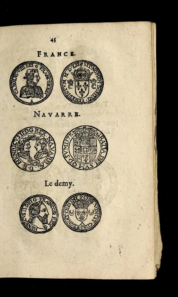 An illustration from Edict dv Roy portant novvelle fabrication d'especes d'argent: augmentation du marc d'argent le Roy, & des quarts d'eseu, testons, & francs aux coins & armes de sa Maiesté estans de leur iuste poids ... auec vne nouuelle eualuation ..., 1646, leaf 45
