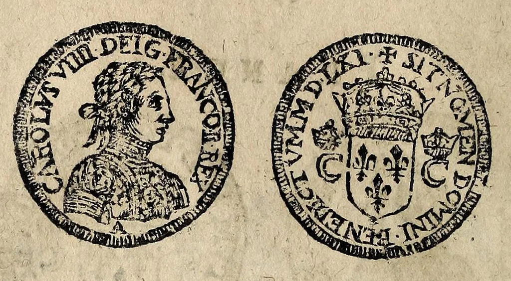 An illustration from Edict dv Roy portant novvelle fabrication d'especes d'argent: augmentation du marc d'argent le Roy, & des quarts d'eseu, testons, & francs aux coins & armes de sa Maiesté estans de leur iuste poids ... auec vne nouuelle eualuation ..., 1646, leaf 46