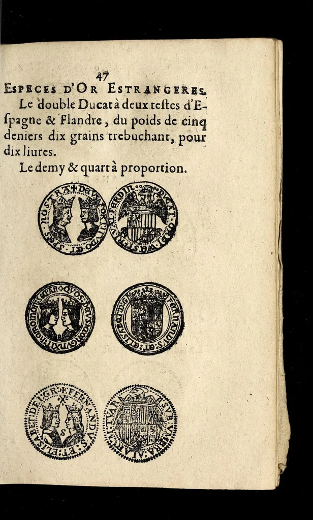 An illustration from Edict dv Roy portant novvelle fabrication d'especes d'argent: augmentation du marc d'argent le Roy, & des quarts d'eseu, testons, & francs aux coins & armes de sa Maiesté estans de leur iuste poids ... auec vne nouuelle eualuation ..., 1646, leaf 47