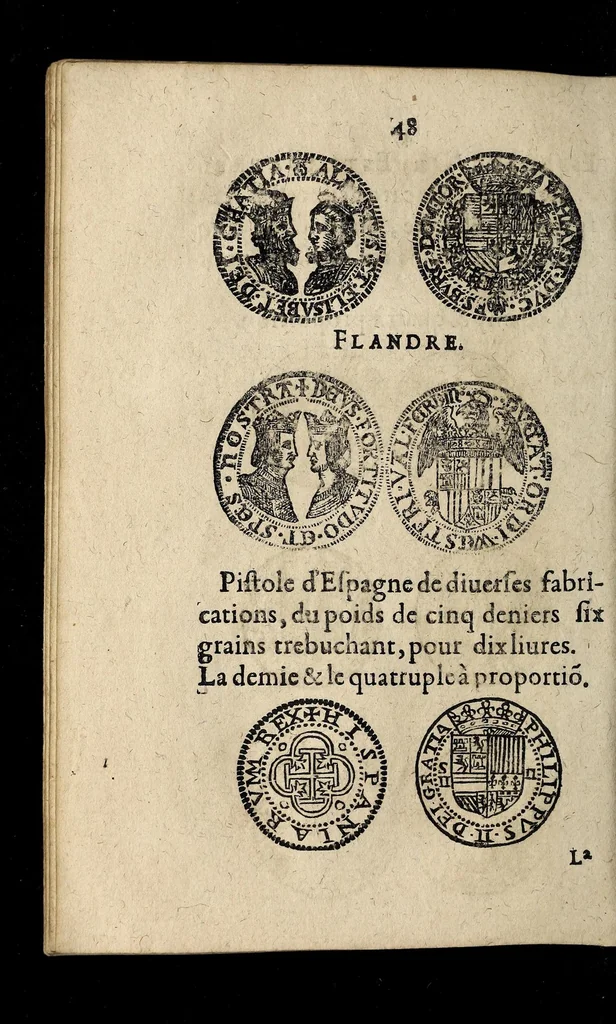 An illustration from Edict dv Roy portant novvelle fabrication d'especes d'argent: augmentation du marc d'argent le Roy, & des quarts d'eseu, testons, & francs aux coins & armes de sa Maiesté estans de leur iuste poids ... auec vne nouuelle eualuation ..., 1646, leaf 48