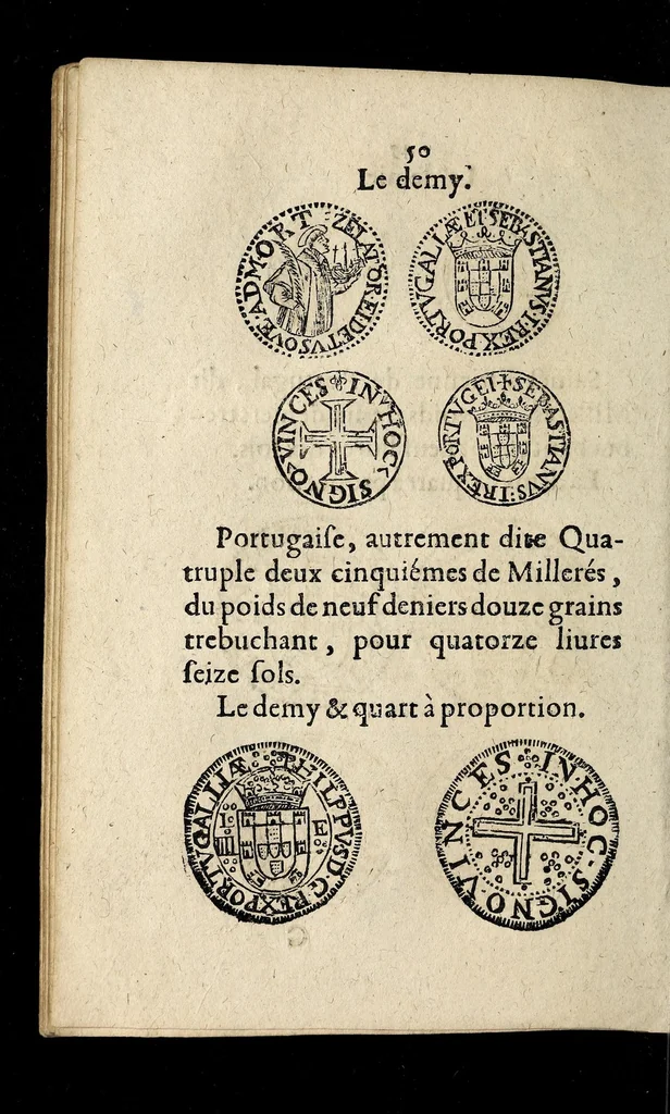 An illustration from Edict dv Roy portant novvelle fabrication d'especes d'argent: augmentation du marc d'argent le Roy, & des quarts d'eseu, testons, & francs aux coins & armes de sa Maiesté estans de leur iuste poids ... auec vne nouuelle eualuation ..., 1646, leaf 50