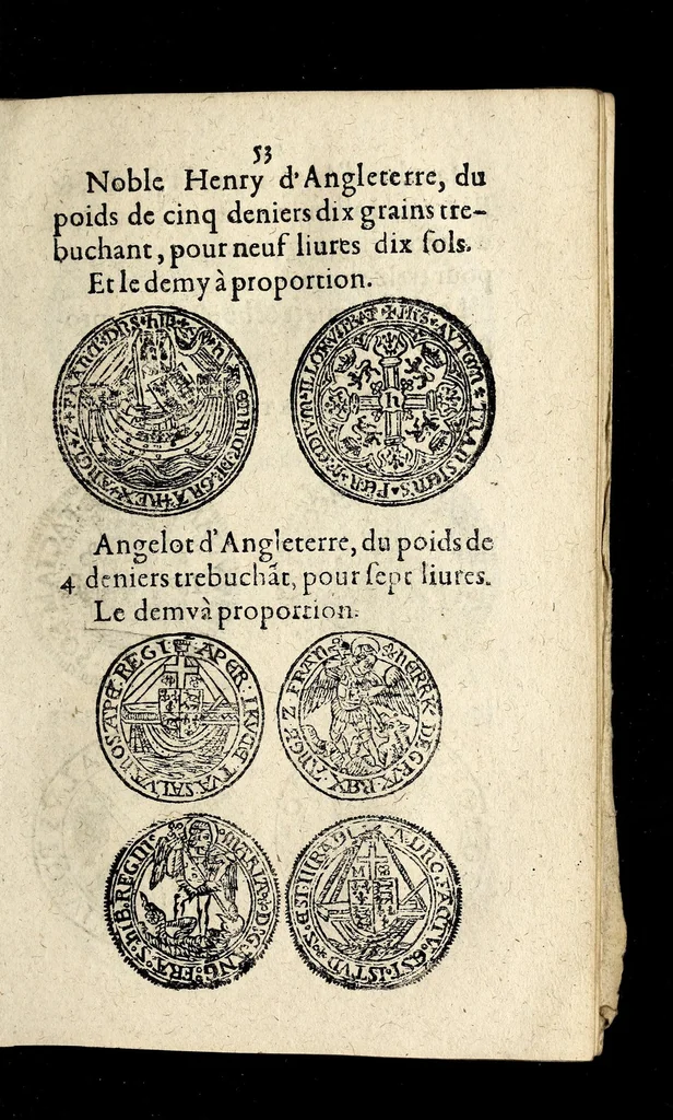 An illustration from Edict dv Roy portant novvelle fabrication d'especes d'argent: augmentation du marc d'argent le Roy, & des quarts d'eseu, testons, & francs aux coins & armes de sa Maiesté estans de leur iuste poids ... auec vne nouuelle eualuation ..., 1646, leaf 53