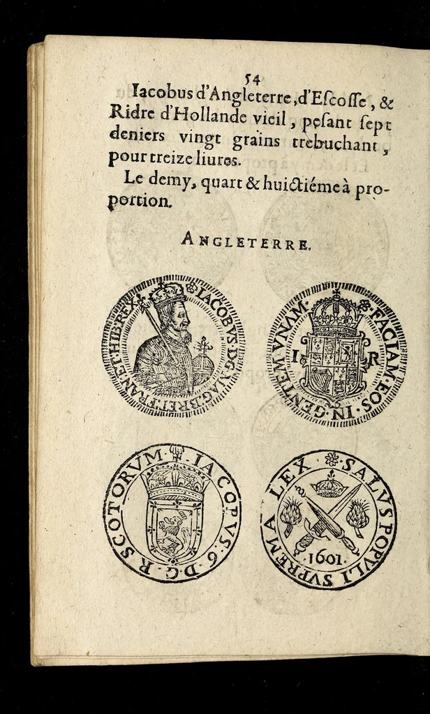 An illustration from Edict dv Roy portant novvelle fabrication d'especes d'argent: augmentation du marc d'argent le Roy, & des quarts d'eseu, testons, & francs aux coins & armes de sa Maiesté estans de leur iuste poids ... auec vne nouuelle eualuation ..., 1646, leaf 54