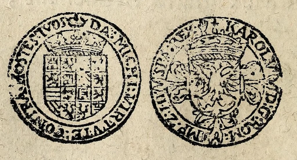 An illustration from Edict dv Roy portant novvelle fabrication d'especes d'argent: augmentation du marc d'argent le Roy, & des quarts d'eseu, testons, & francs aux coins & armes de sa Maiesté estans de leur iuste poids ... auec vne nouuelle eualuation ..., 1646, leaf 56