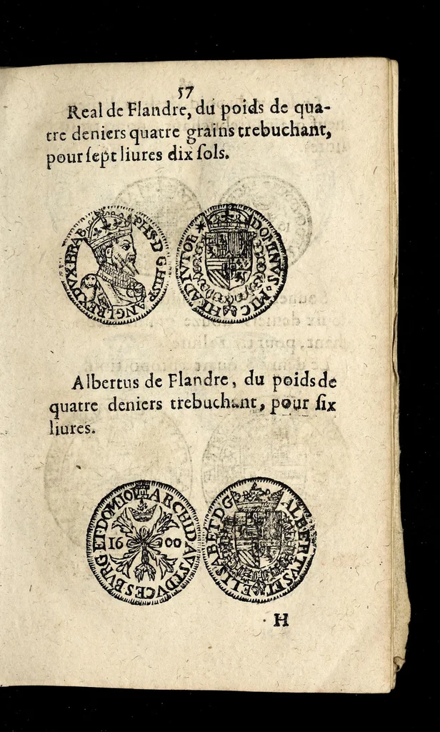 An illustration from Edict dv Roy portant novvelle fabrication d'especes d'argent: augmentation du marc d'argent le Roy, & des quarts d'eseu, testons, & francs aux coins & armes de sa Maiesté estans de leur iuste poids ... auec vne nouuelle eualuation ..., 1646, leaf 57