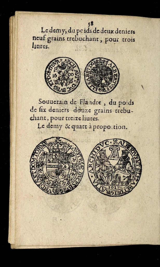 An illustration from Edict dv Roy portant novvelle fabrication d'especes d'argent: augmentation du marc d'argent le Roy, & des quarts d'eseu, testons, & francs aux coins & armes de sa Maiesté estans de leur iuste poids ... auec vne nouuelle eualuation ..., 1646, leaf 58