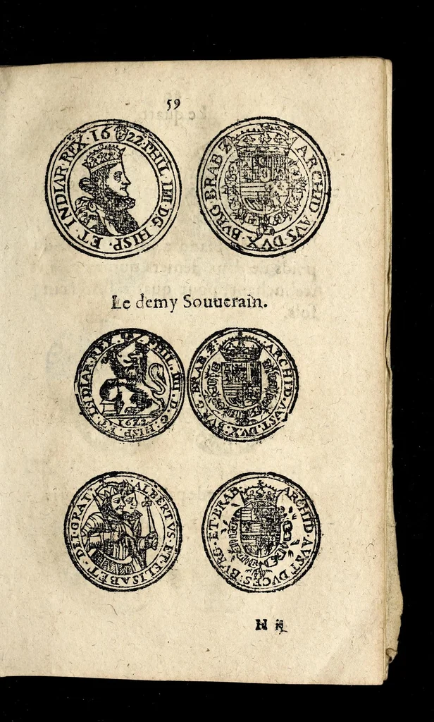 An illustration from Edict dv Roy portant novvelle fabrication d'especes d'argent: augmentation du marc d'argent le Roy, & des quarts d'eseu, testons, & francs aux coins & armes de sa Maiesté estans de leur iuste poids ... auec vne nouuelle eualuation ..., 1646, leaf 59