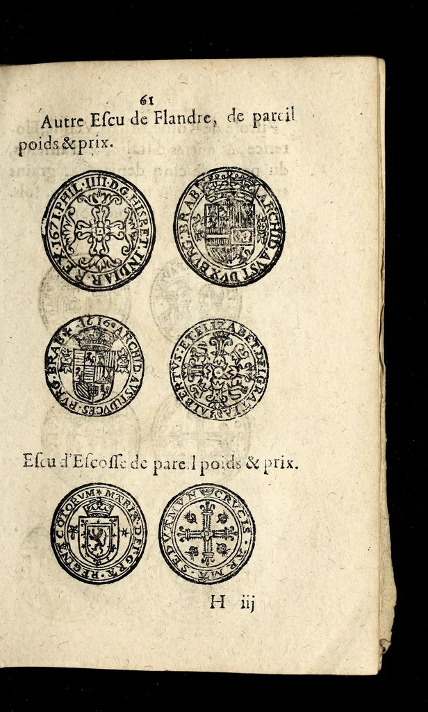 An illustration from Edict dv Roy portant novvelle fabrication d'especes d'argent: augmentation du marc d'argent le Roy, & des quarts d'eseu, testons, & francs aux coins & armes de sa Maiesté estans de leur iuste poids ... auec vne nouuelle eualuation ..., 1646, leaf 61